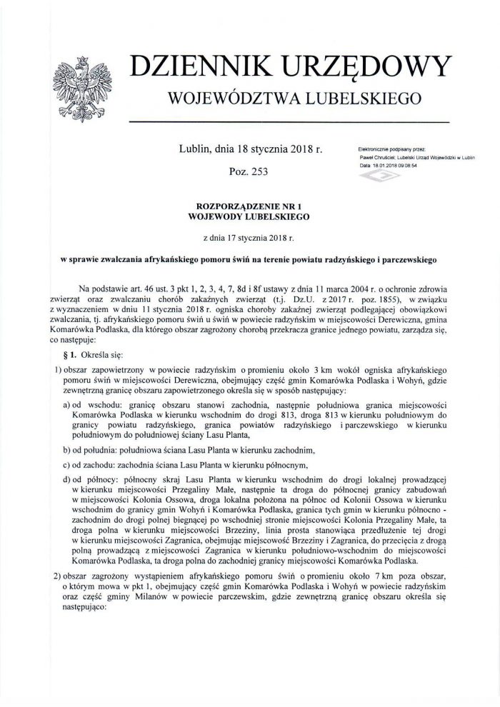 Miniturka artykułu: Rozporządznie Wojewody Lubelskiego z dnia 17 stycznia 2018 roku w sprawie zwalczania afrykańskiego pomoru świń na terenie powiatu radzyńskiego i parczewskiego