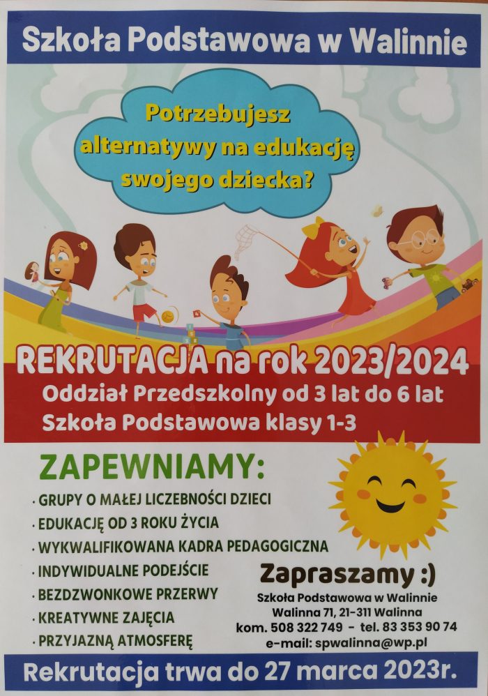 Miniturka artykułu: Szkoła Podstawowa w Walinnie prowadzi rekrutacje na nowy rok szkolny 2023/2024